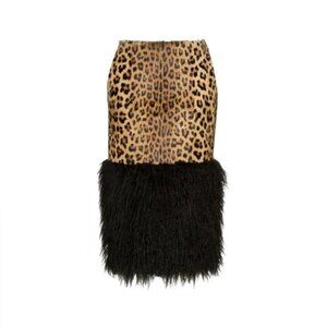 NWT Saint Laurent Shearling And Leopard-print Faux Fur Midi Skirt, size 40IT